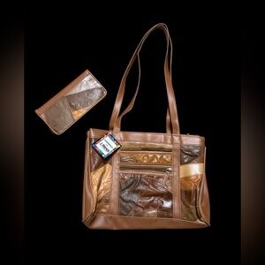 Vintage NOS J Patrick Handbags Brown Leather Patchwork Handbag & Wallet Set